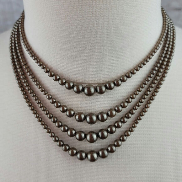 Vintage Faux Pearl Necklace Deep Bronze Choker Acrylic Layered Box Clasp - Picture 1 of 5
